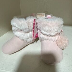 Soft Pink Baby Booties with Fur Trim